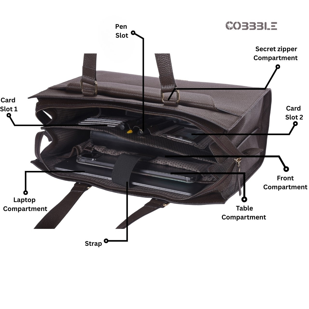 Cobbble Woman Shoulder Laptop Bag - Dark Brown, Multi-Pocket