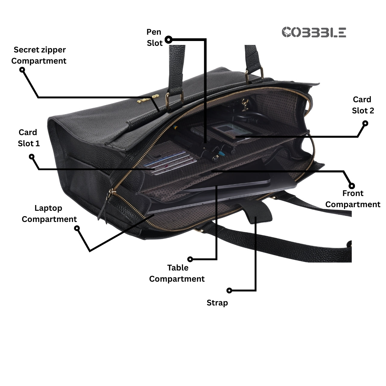 Cobbble Woman Shoulder Laptop Bag - Black, Multi-Pocket