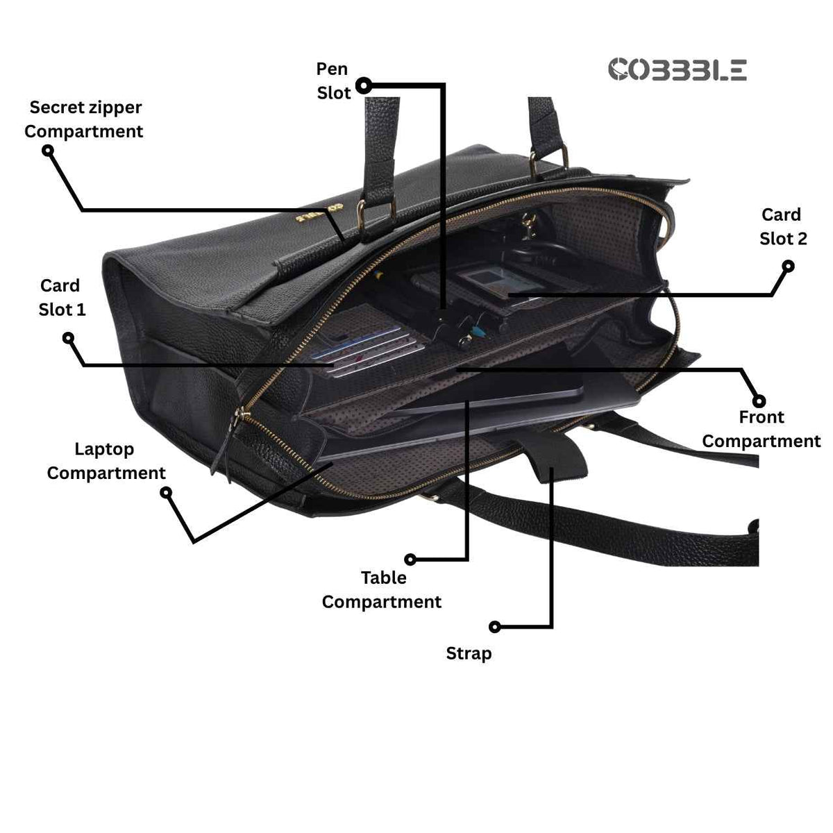 Women's Luxury Bags - Cobbble Woman Shoulder Laptop Bag - Black, Multi-Pocket