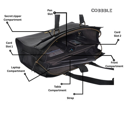Cobbble Woman Shoulder Laptop Bag - Black, Multi-Pocket