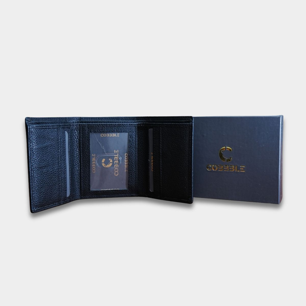 Cobbble Crest Leather Trifold Wallet - Black