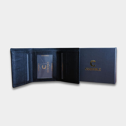 Cobbble Crest Leather Trifold Wallet - Black