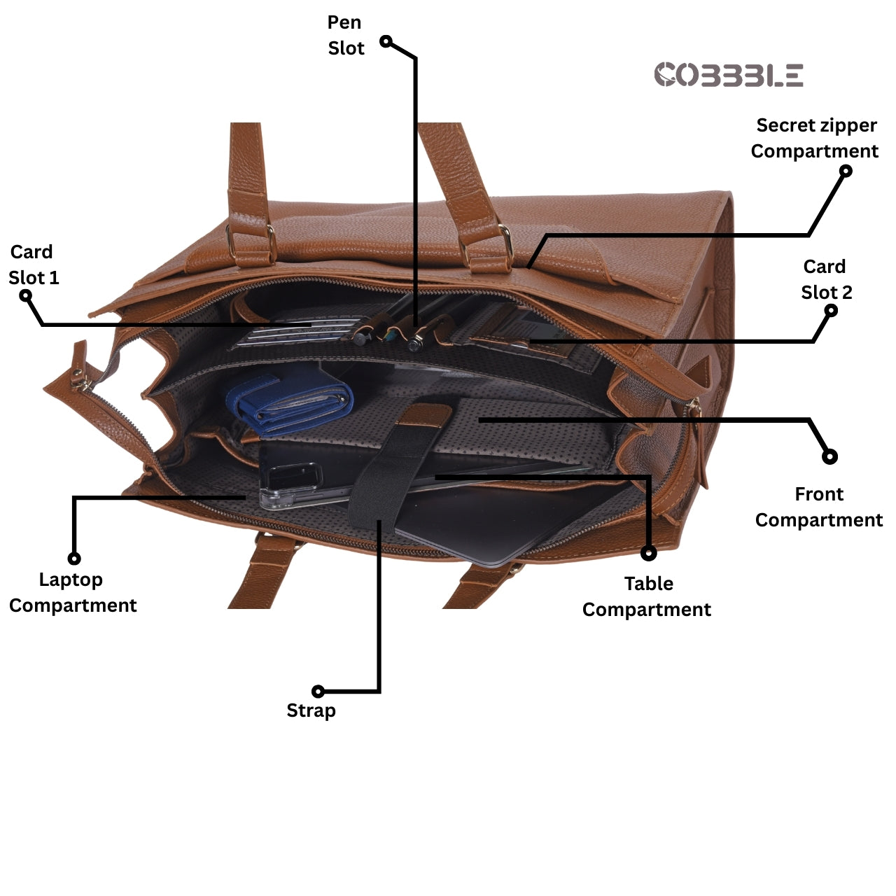Cobbble Woman Shoulder Laptop Bag - Tan, Multi-Pocket
