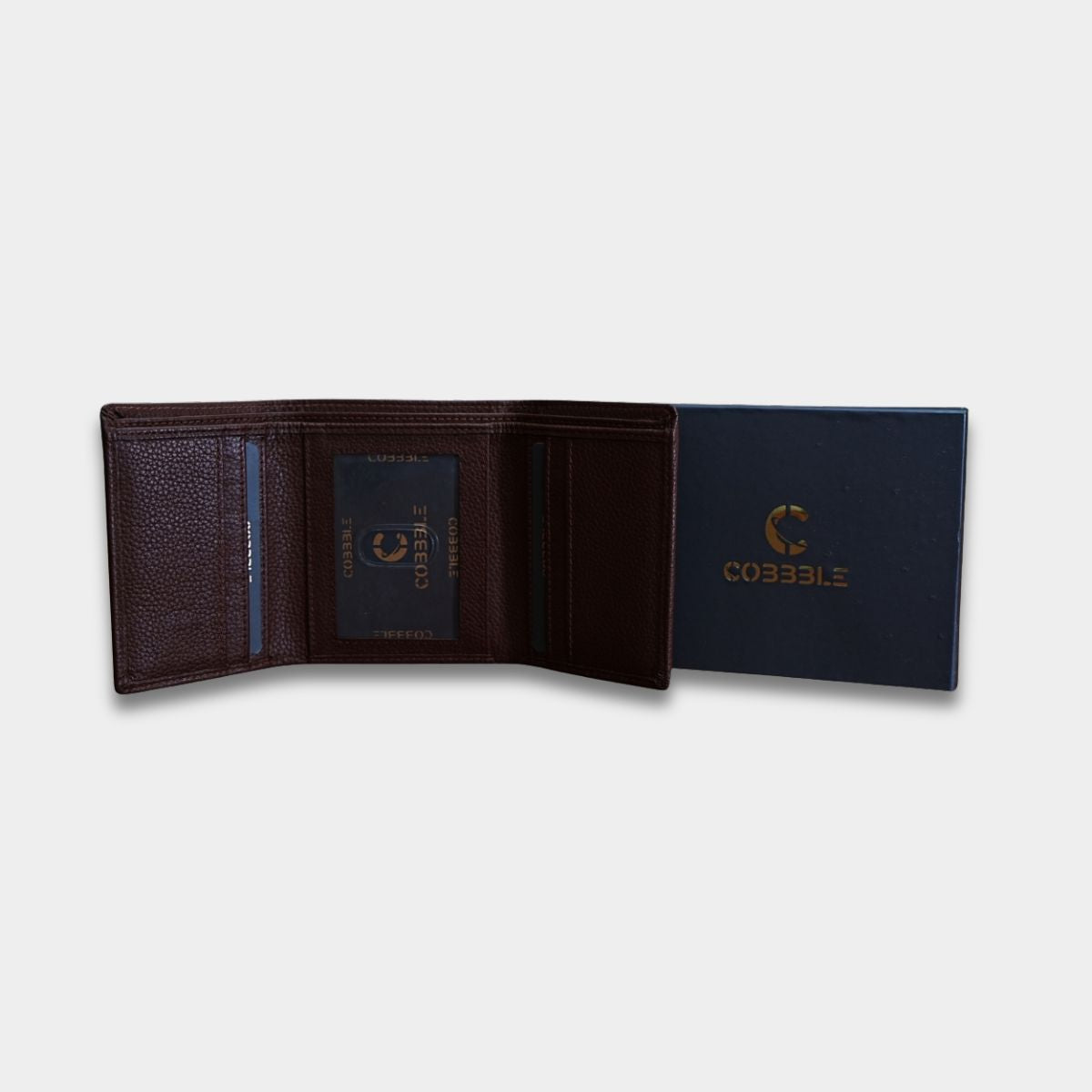 Cobbble Crest Leather Trifold Wallet - Brown