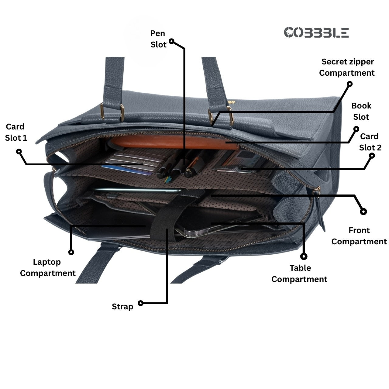 Cobbble Woman Shoulder Laptop Bag - Grey , Multi-Pocket