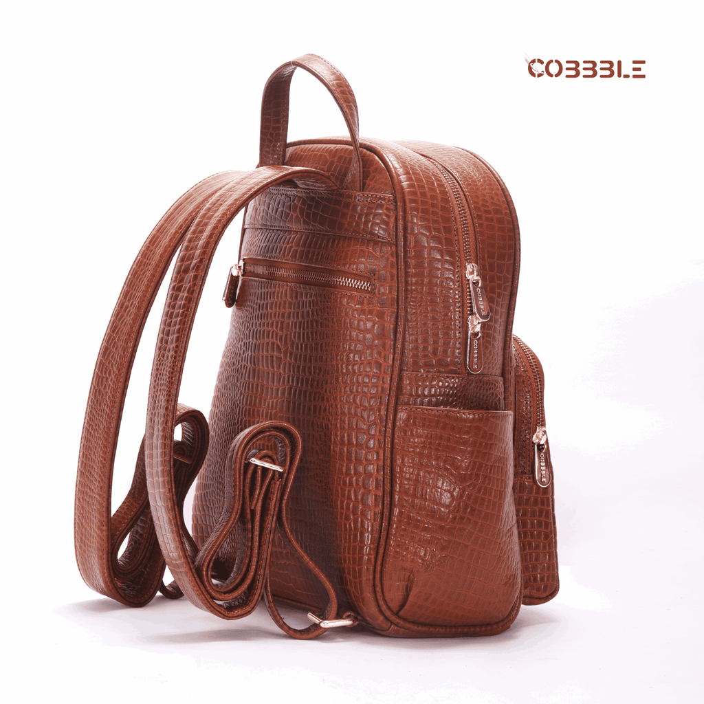 Leather Backpack for Women - Cobbble Woman Croco Day Backpack in Tan