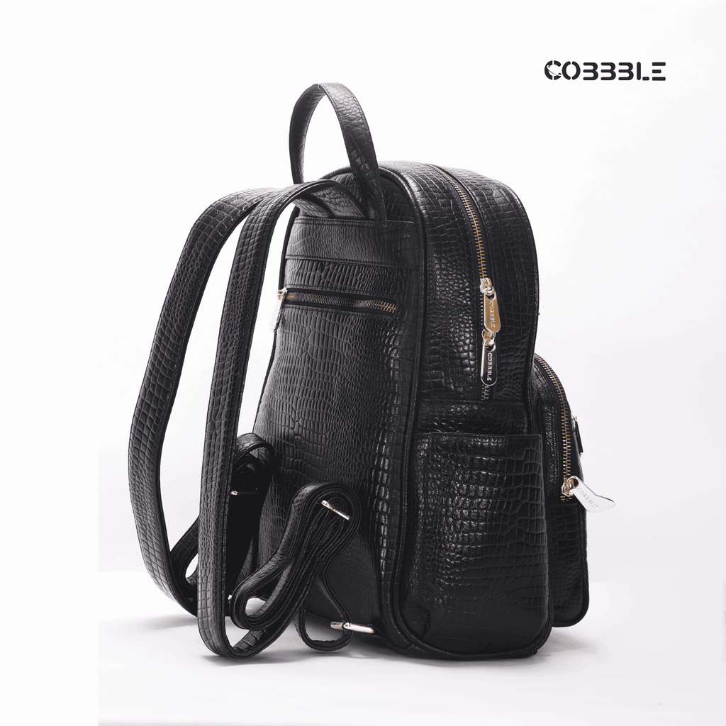 Luxury Backpack for Women - Cobbble Croco Day Backpack in Black