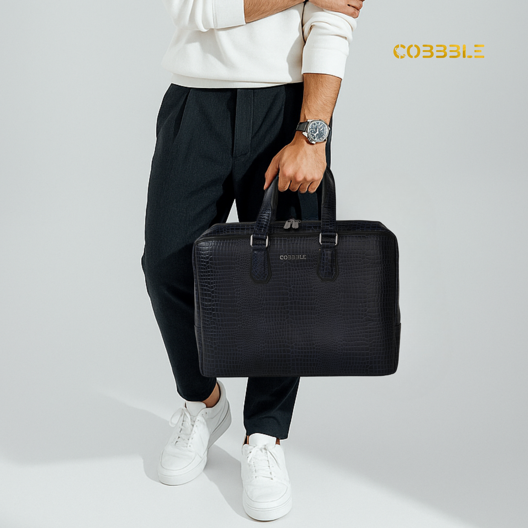 Cobbble Croco Executive Laptop Briefcase - Black
