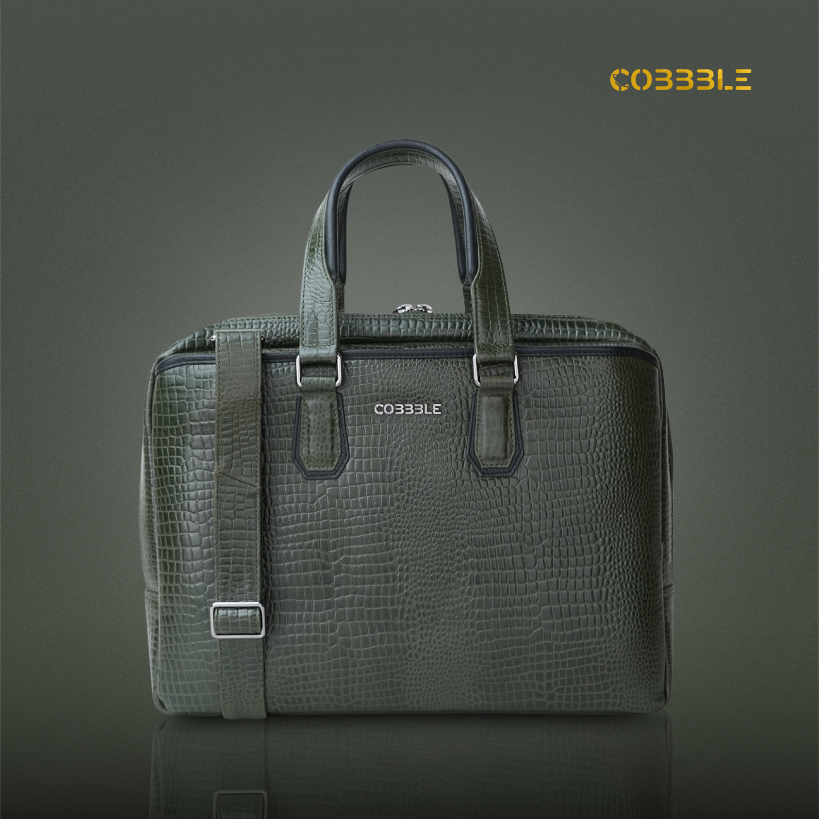 Cobbble Croco Executive Laptop Briefcase - Olive Green