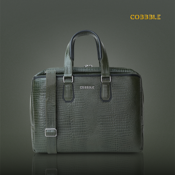 Cobbble Croco Executive Laptop Briefcase - Olive Green