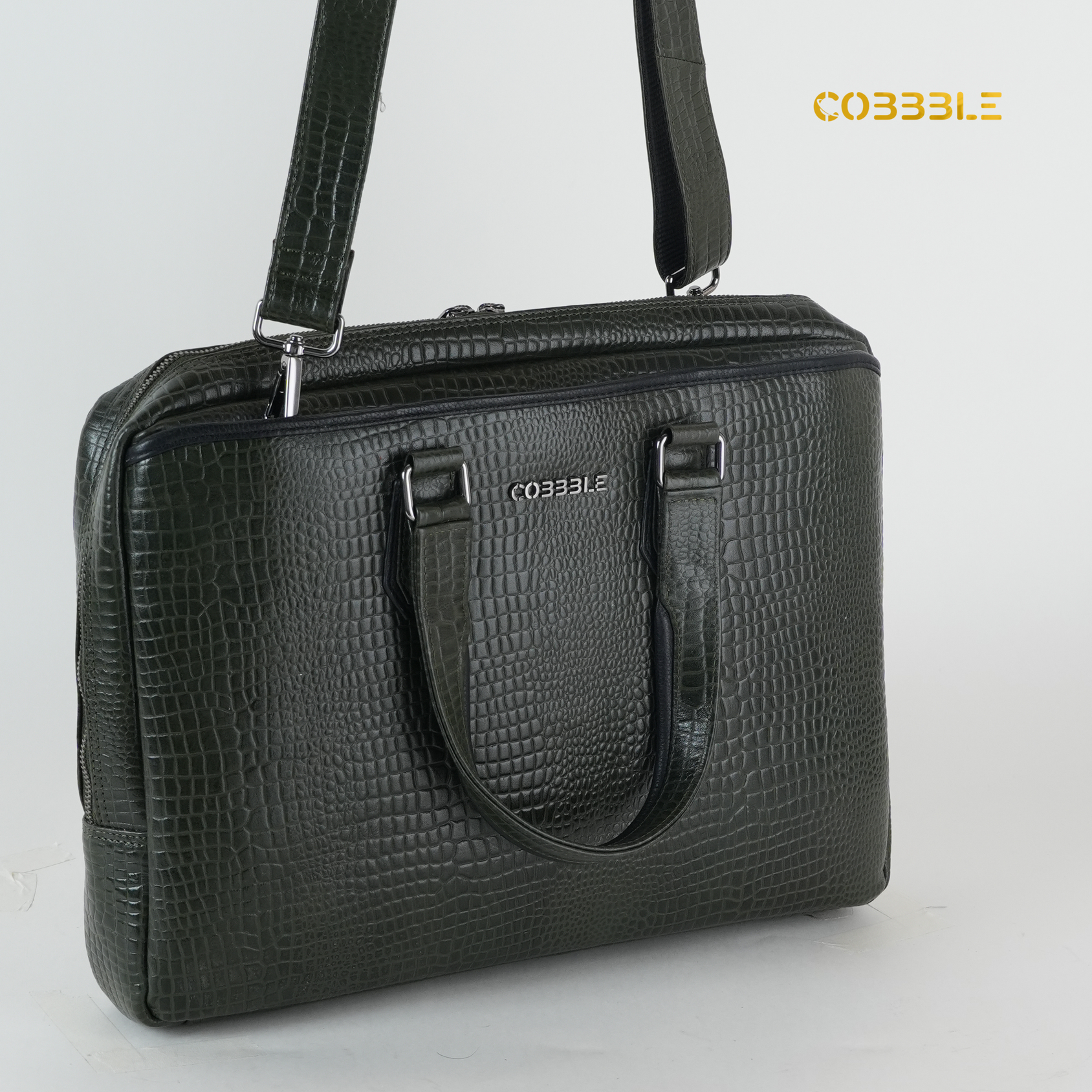 Cobbble Croco Executive Laptop Briefcase - Olive Green