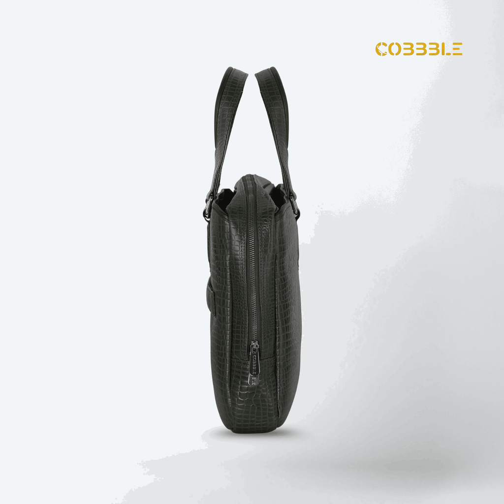 Cobbble Croco Executive Laptop Briefcase - Olive Leather