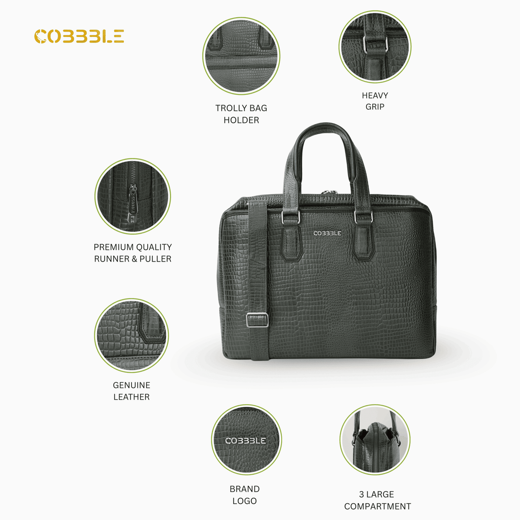 Cobbble Croco Executive Laptop Briefcase - Olive Leather