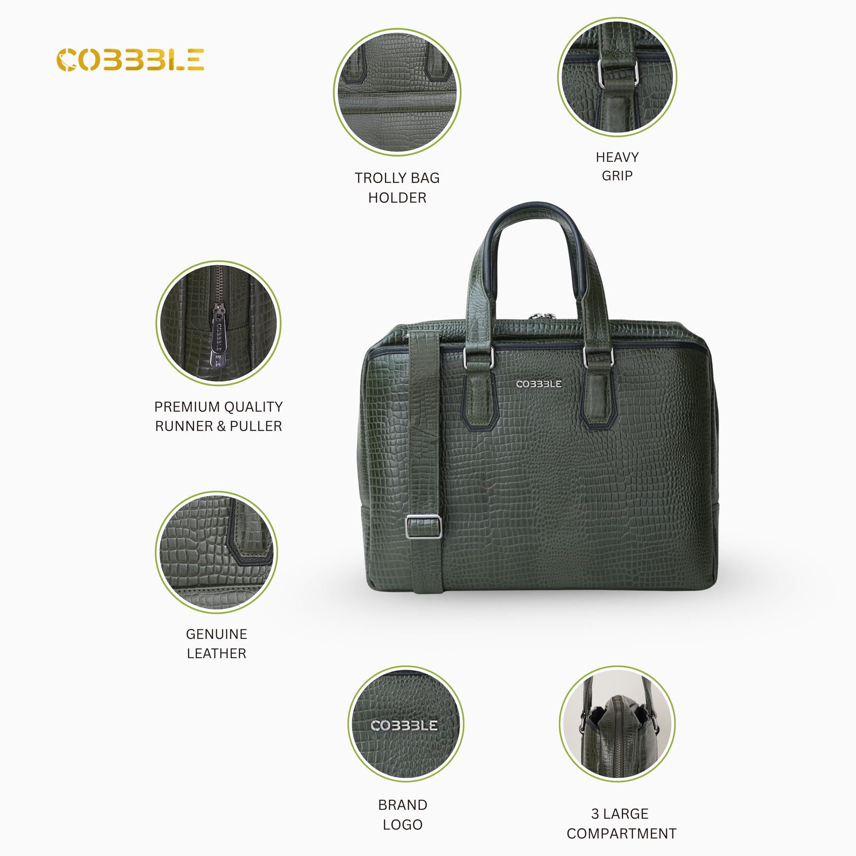 Cobbble Croco Executive Laptop Briefcase - Olive Green