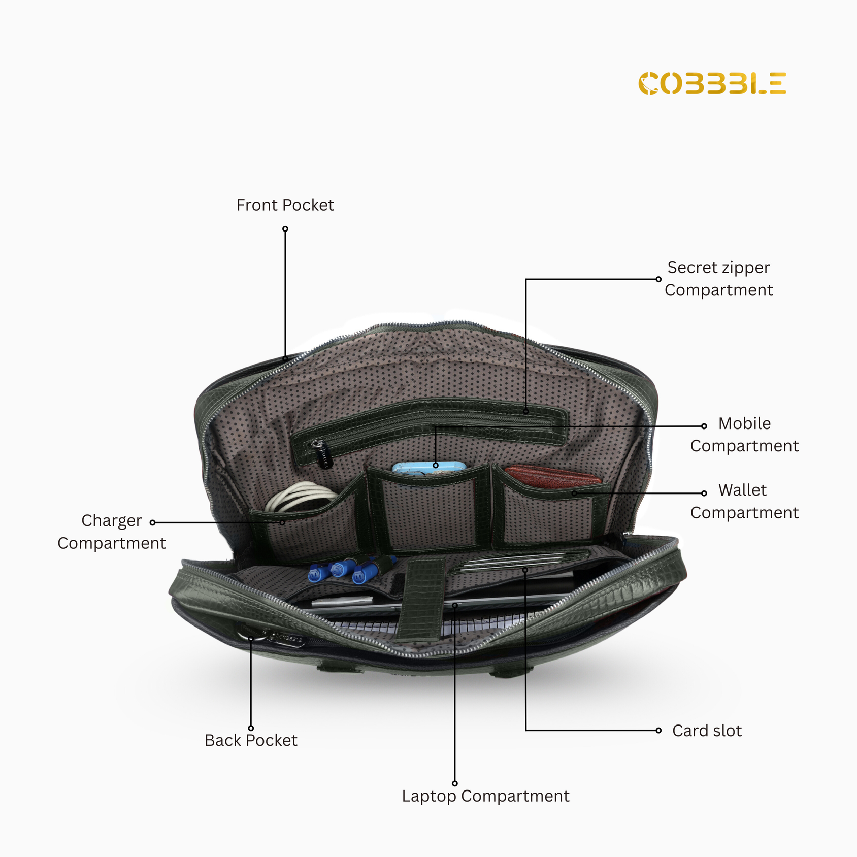 Cobbble Croco Executive Laptop Briefcase - Olive Green