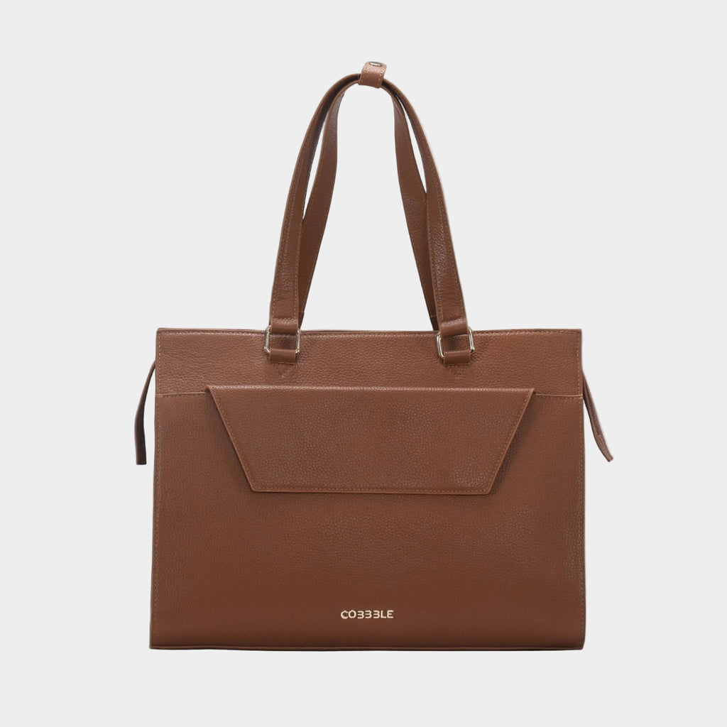 Cobbble Woman Shoulder Laptop Bag - Tan, Multi-Pocket