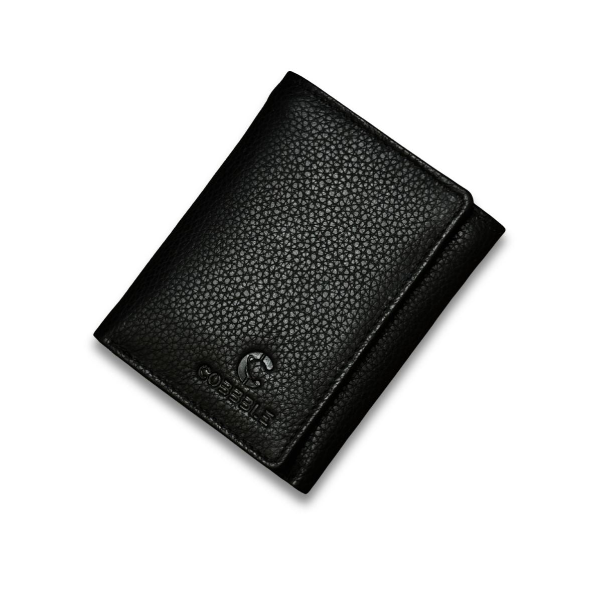 Cobbble Crest Leather Trifold Wallet - Black