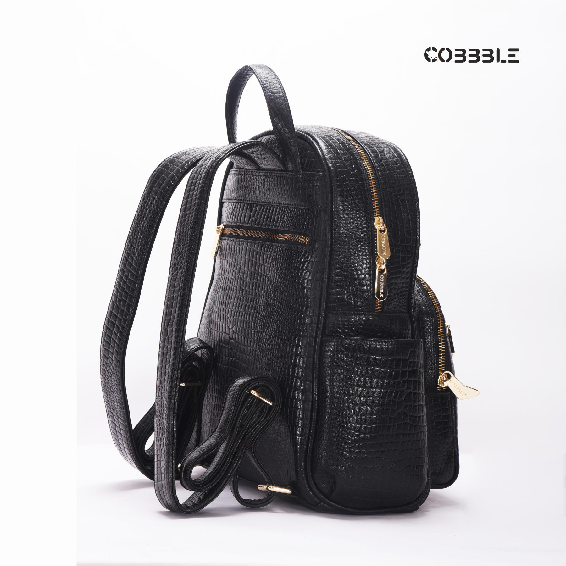 Cobbble Woman Croco Day Backpack - Black, Multi-Pocket