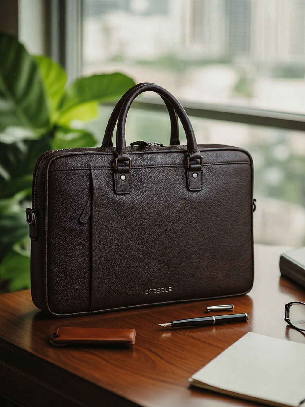 Cobbble Flat Grain Metro Laptop Briefcase - Brown