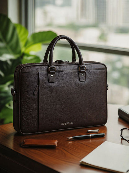 Cobbble Flat Grain Metro Laptop Briefcase - Brown