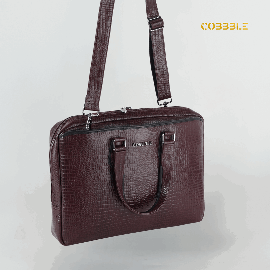 Luxury Bag for Office: Cobbble Croco Executive Laptop Briefcase - Cherry