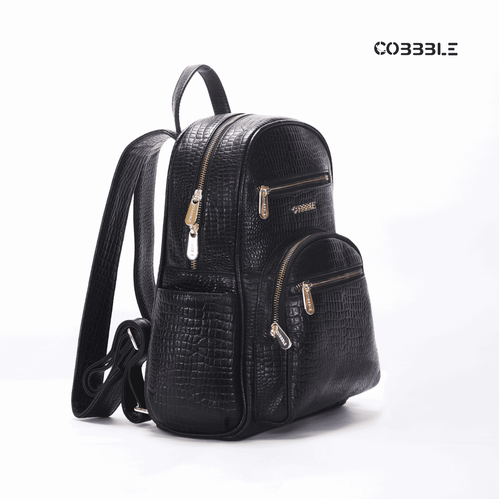 Luxury Backpack for Women - Cobbble Croco Day Backpack in Black