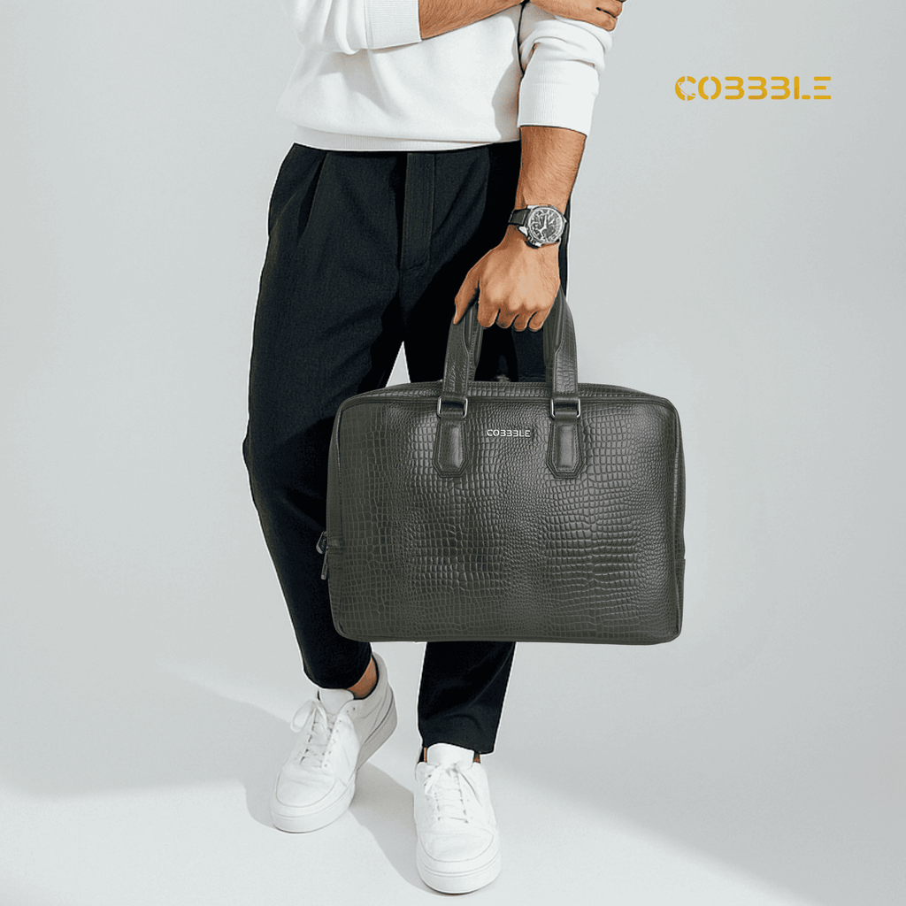 Cobbble Croco Executive Laptop Briefcase - Olive Leather