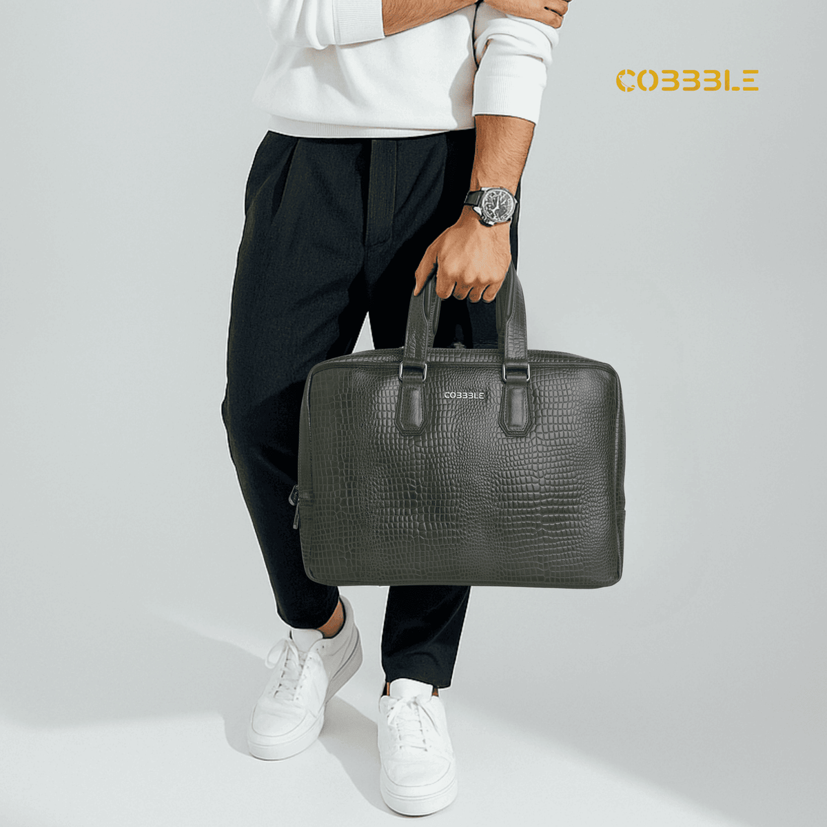 Cobbble Croco Executive Laptop Briefcase - Olive Leather