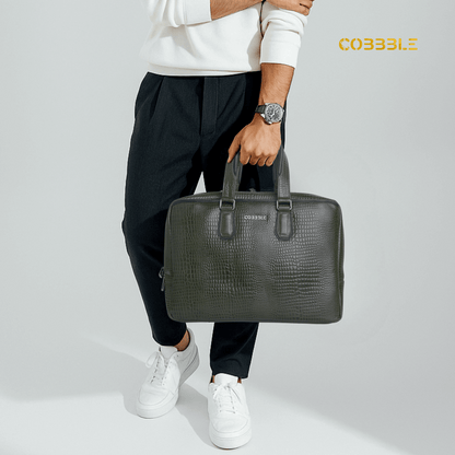 Cobbble Croco Executive Laptop Briefcase - Olive Green