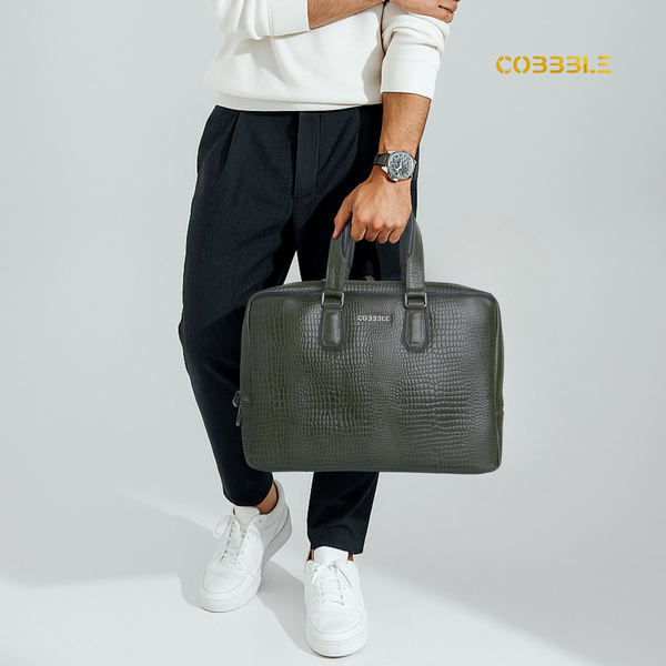 Cobbble Croco Executive Laptop Briefcase - Olive Green