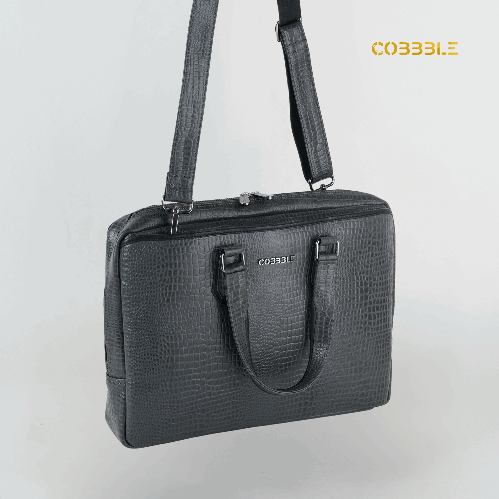 Cobbble Croco Executive Laptop Briefcase - Grey