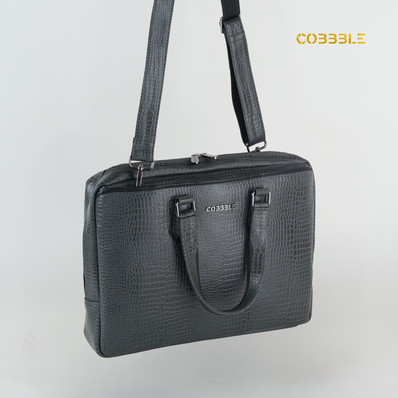 Cobbble Croco Executive Laptop Briefcase - Grey