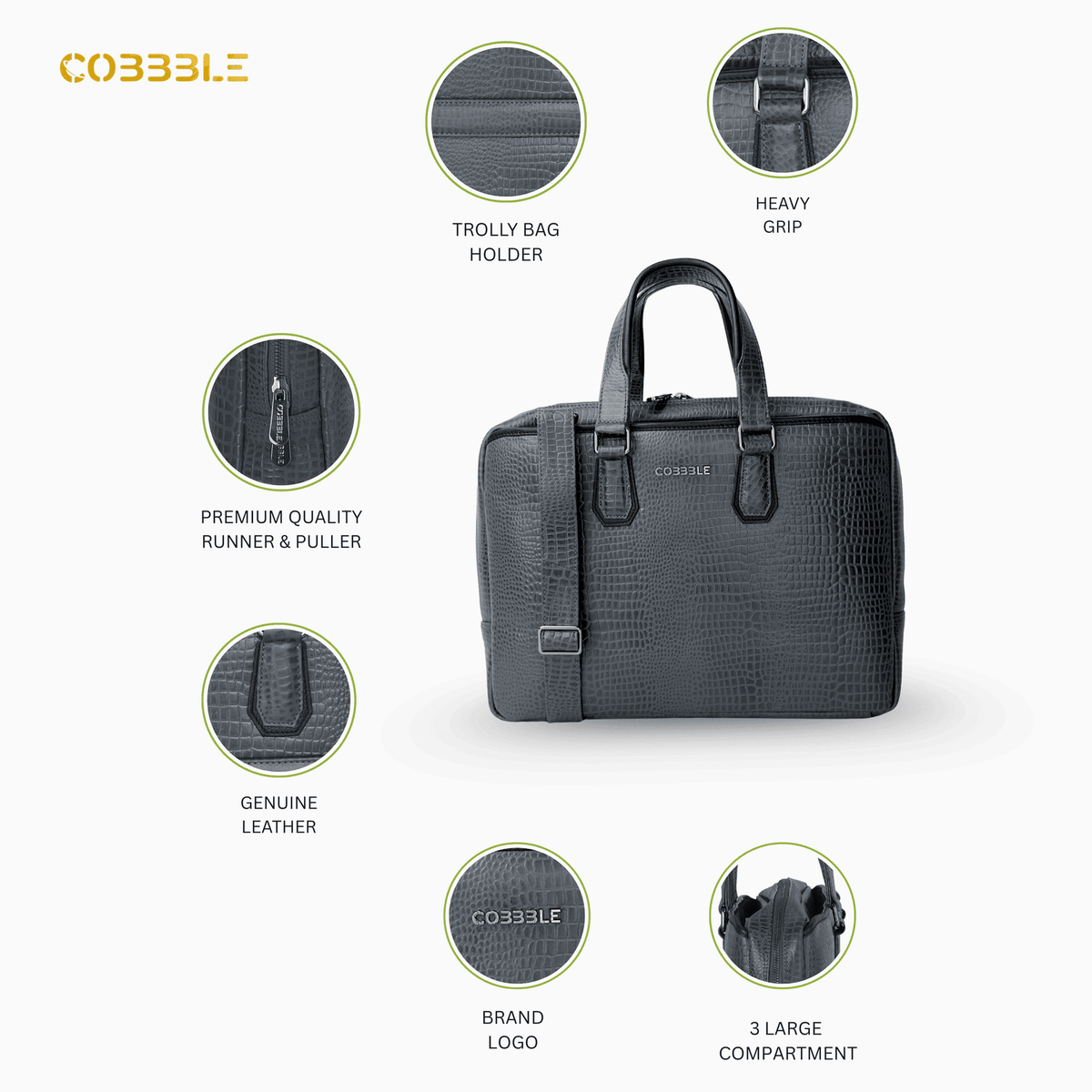 Cobbble Croco Executive Laptop Briefcase - Grey Leather