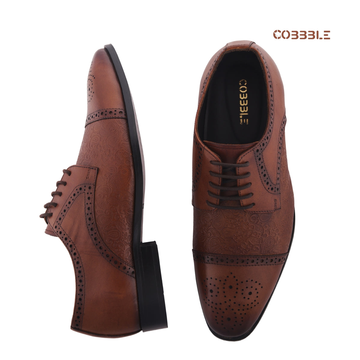 Cobbble Men's Premium Engraved Brogue Leather Shoes - Tan