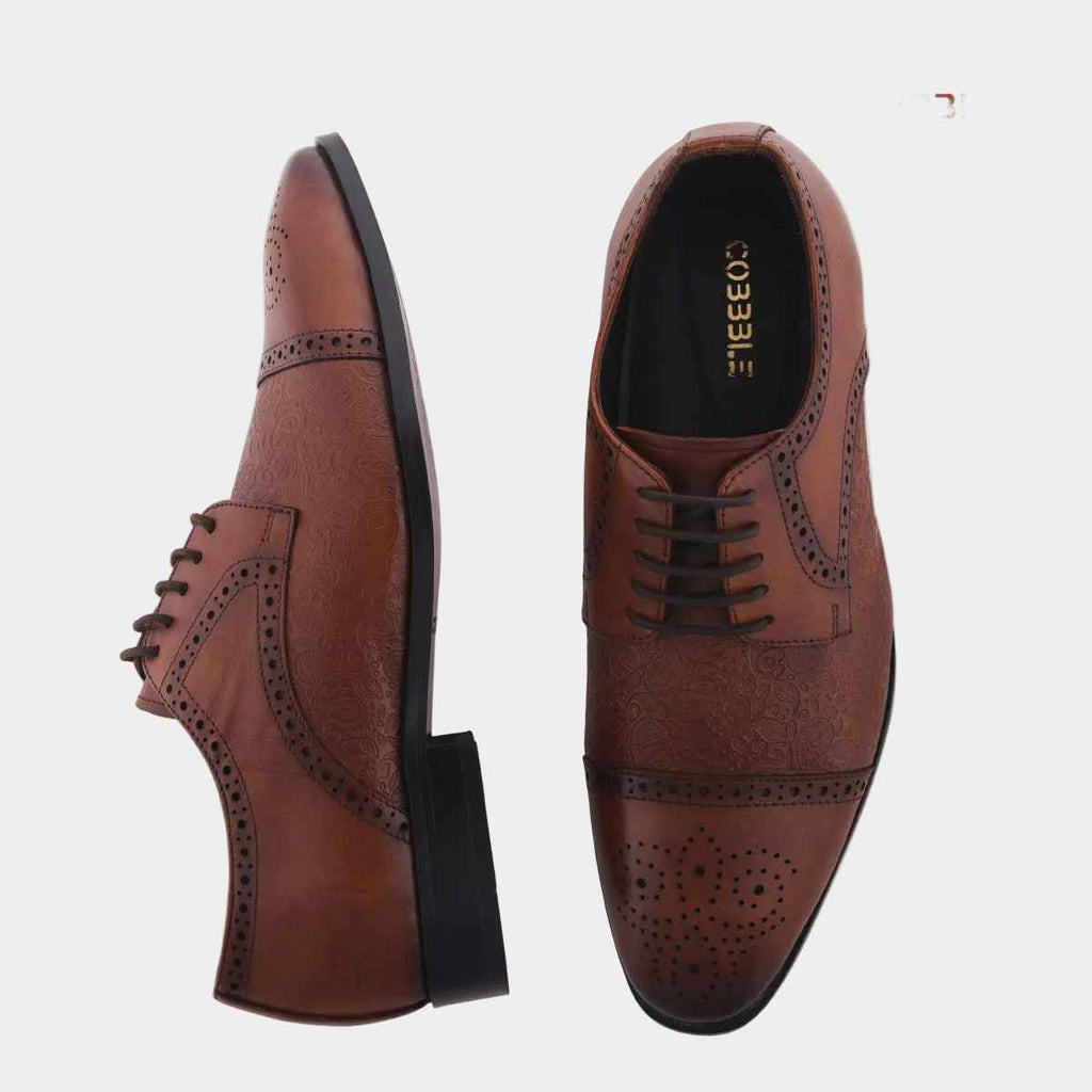 Luxury Shoes: Cobbble Men's Premium Engraved Brogue Leather Shoes - Tan