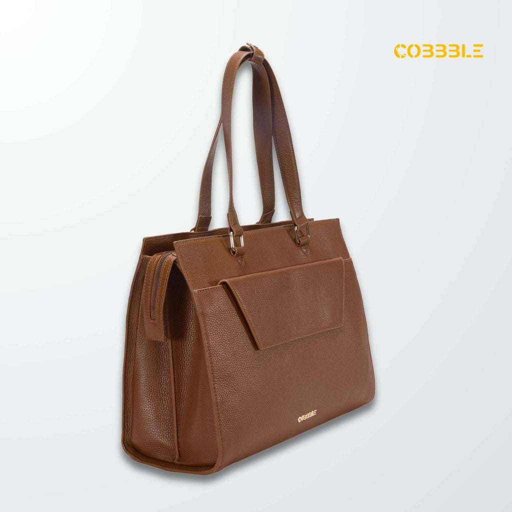 Cobbble Woman Shoulder Laptop Bag - Tan, Multi-Pocket