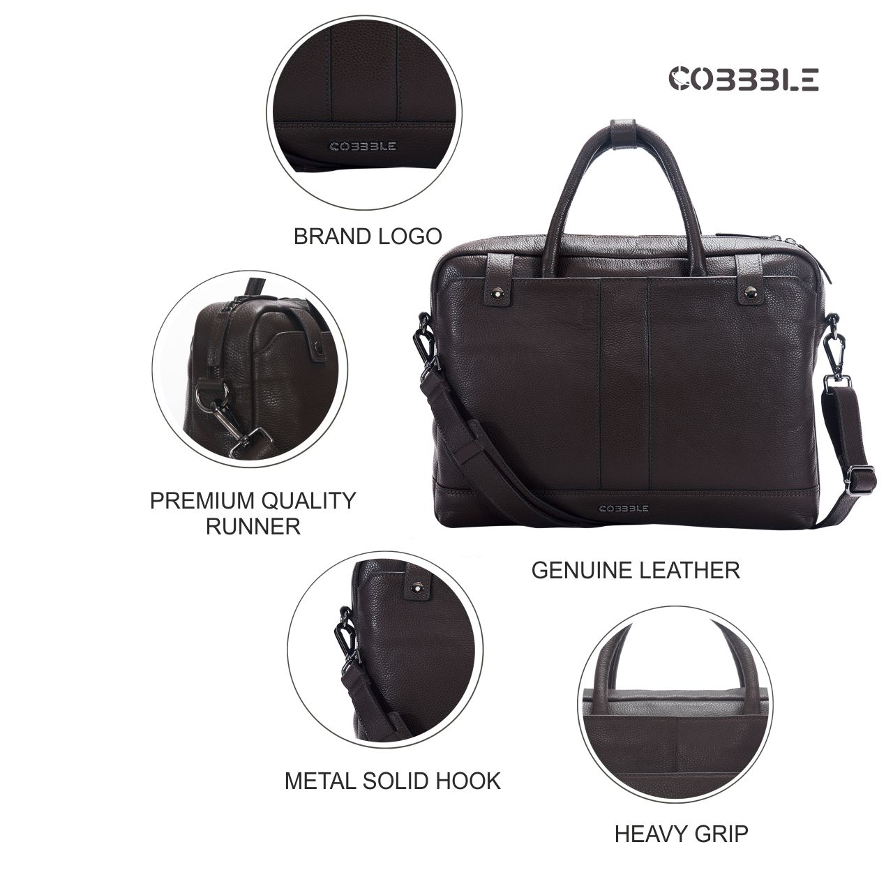 Cobbble Flat Grain Cambridge Laptop Briefcase - Dark Brown