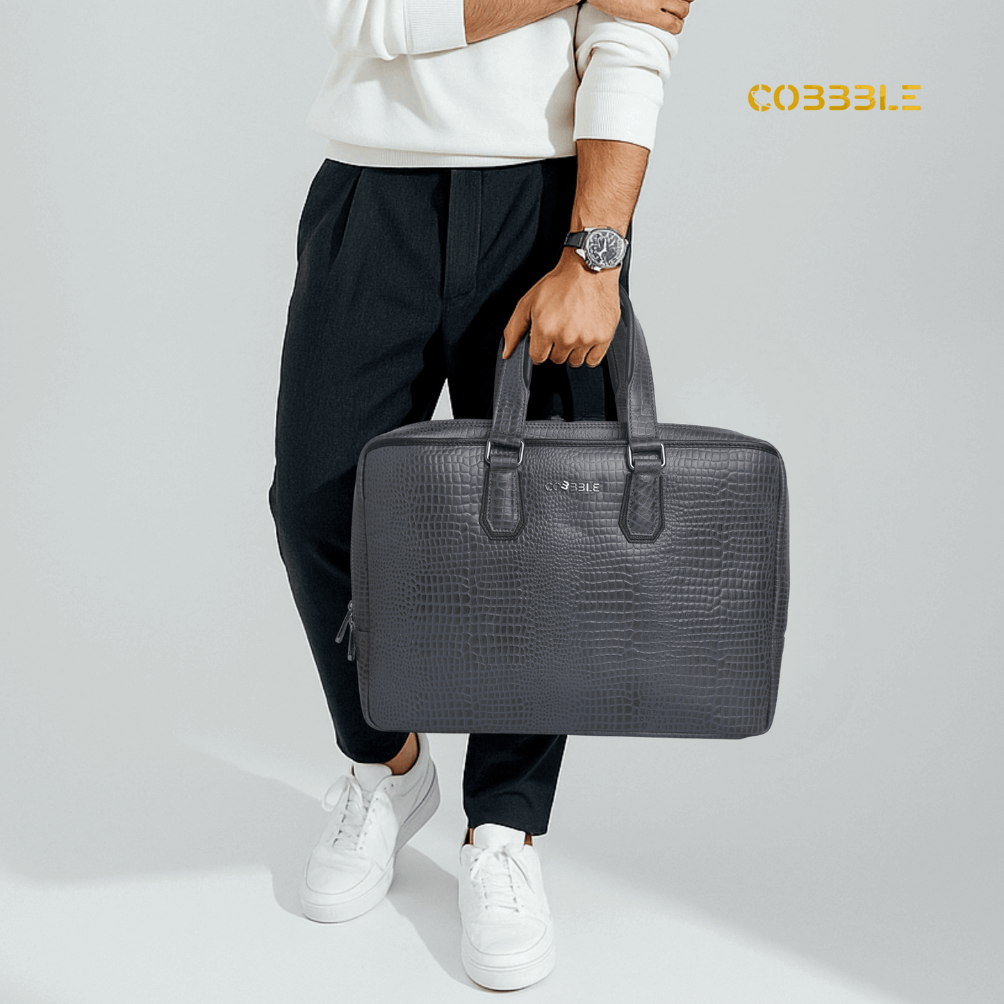 Cobbble Croco Executive Laptop Briefcase - Grey
