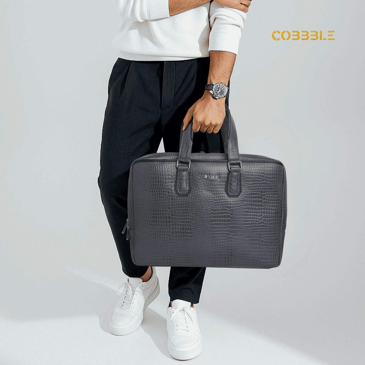 Cobbble Croco Executive Laptop Briefcase - Grey Leather