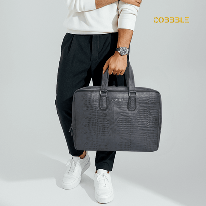 Cobbble Croco Executive Laptop Briefcase - Grey