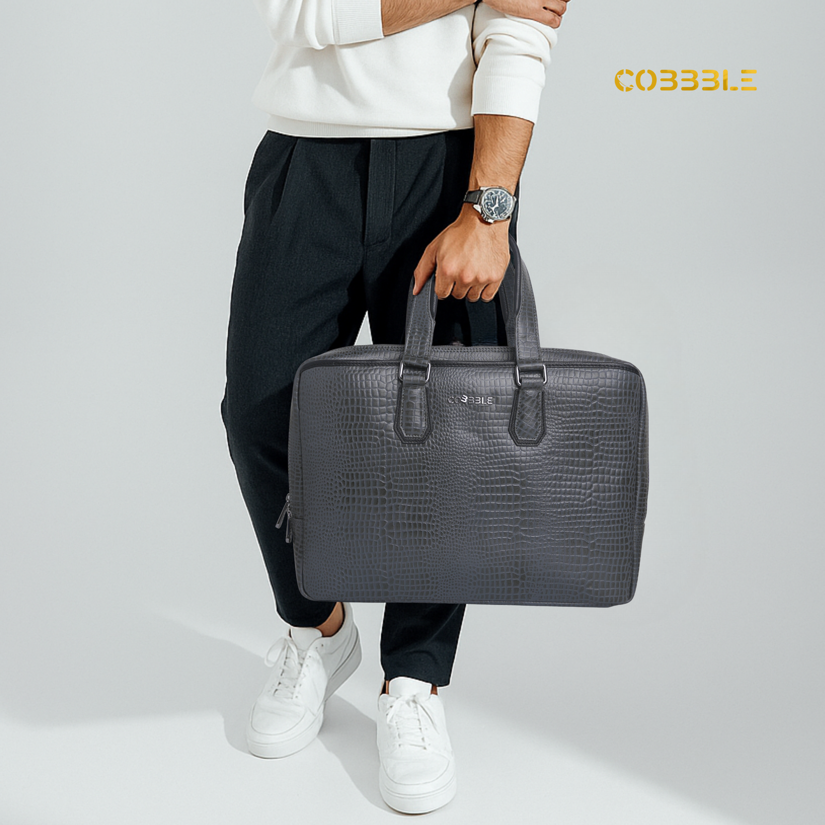 Cobbble Croco Executive Laptop Briefcase - Grey