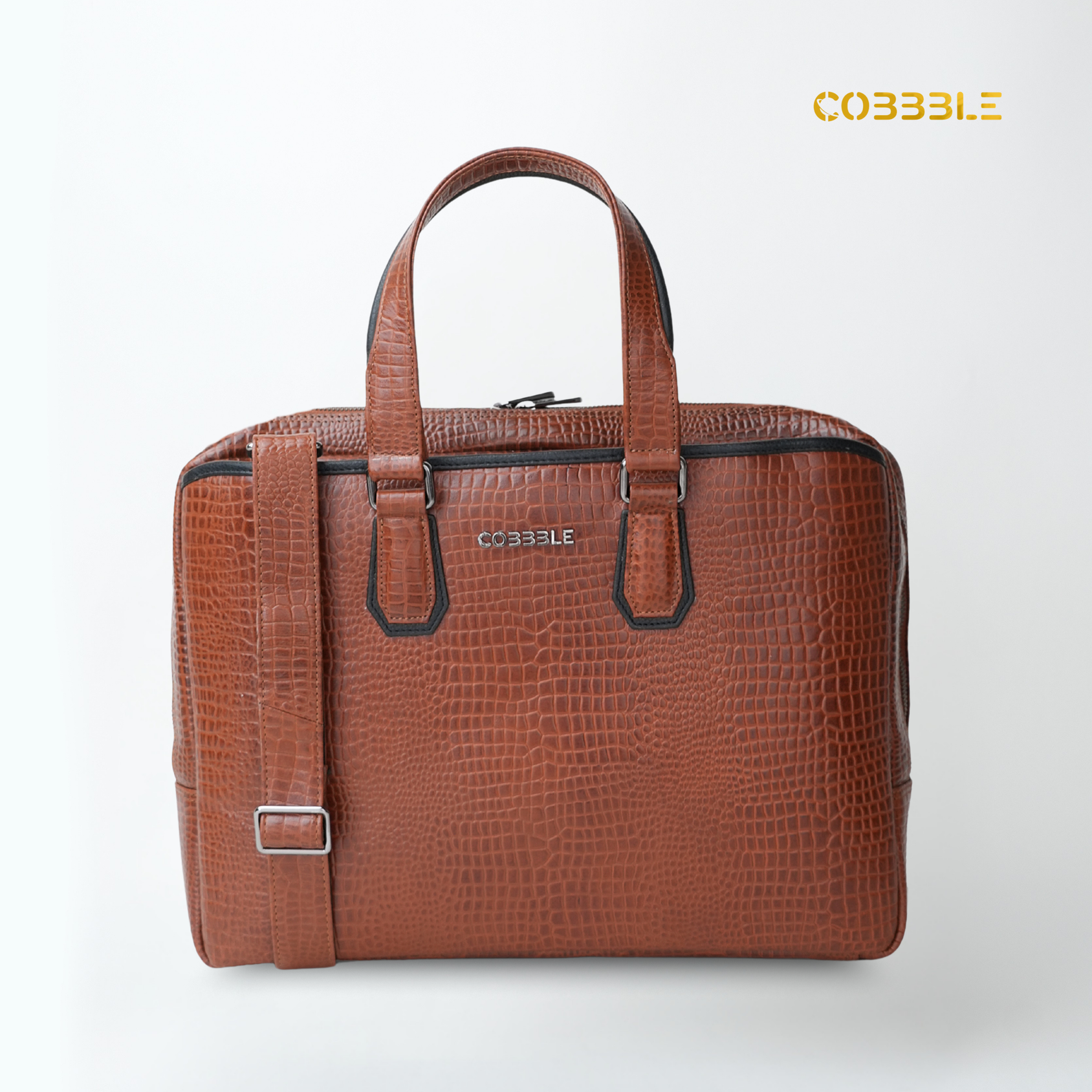 Cobbble Croco Executive Laptop Briefcase - Tan