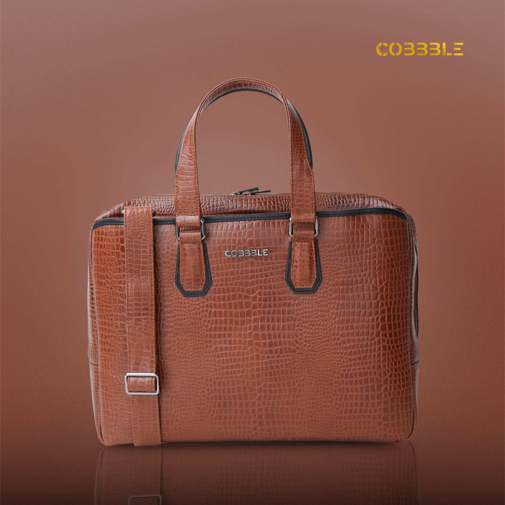 Cobbble Croco Executive Laptop Briefcase - Tan