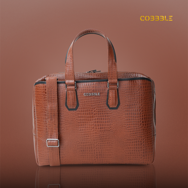 Cobbble Croco Executive Laptop Briefcase - Tan
