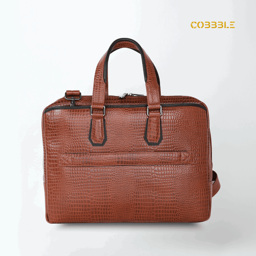 Cobbble Croco Executive Laptop Briefcase - Tan Leather