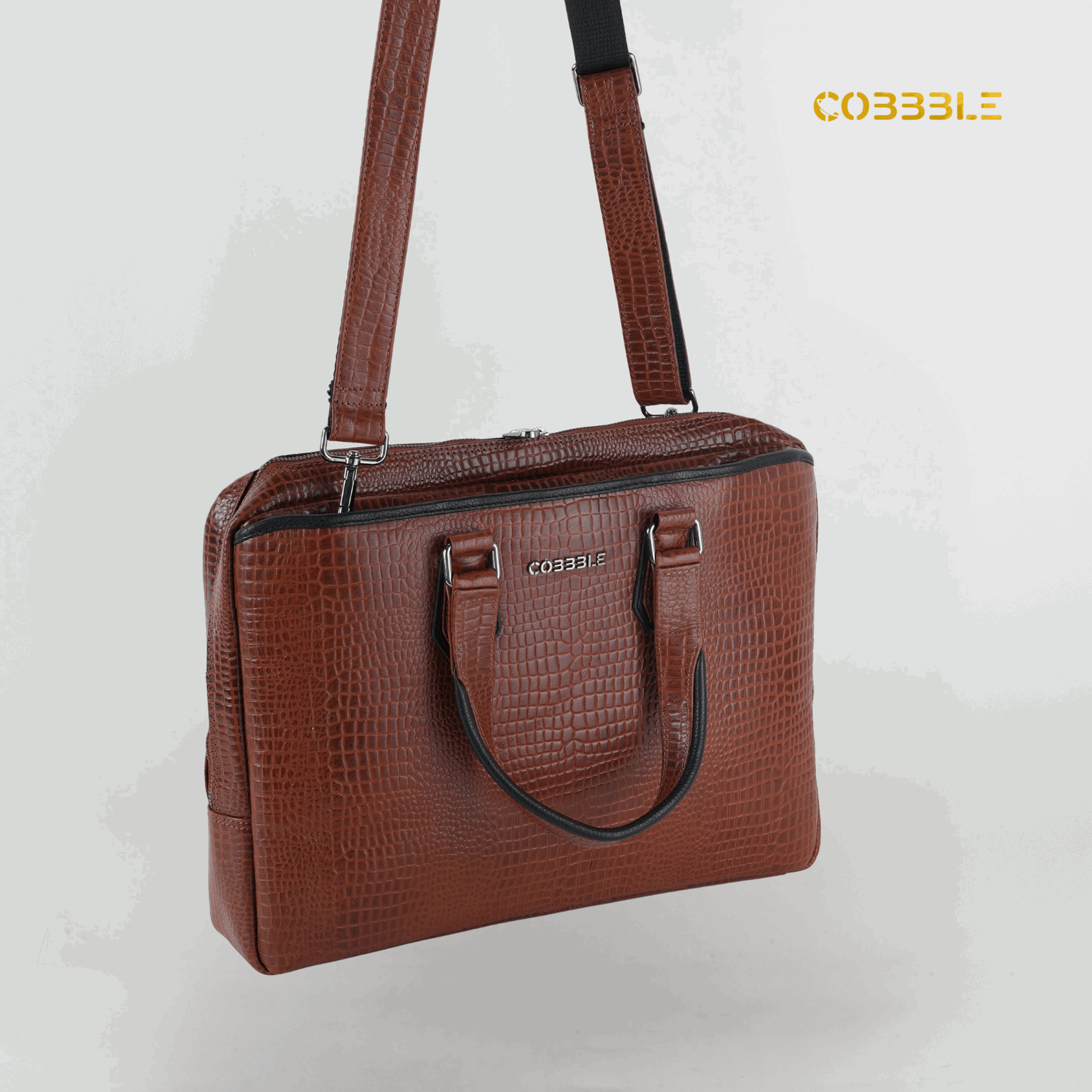 Cobbble Croco Executive Laptop Briefcase - Tan