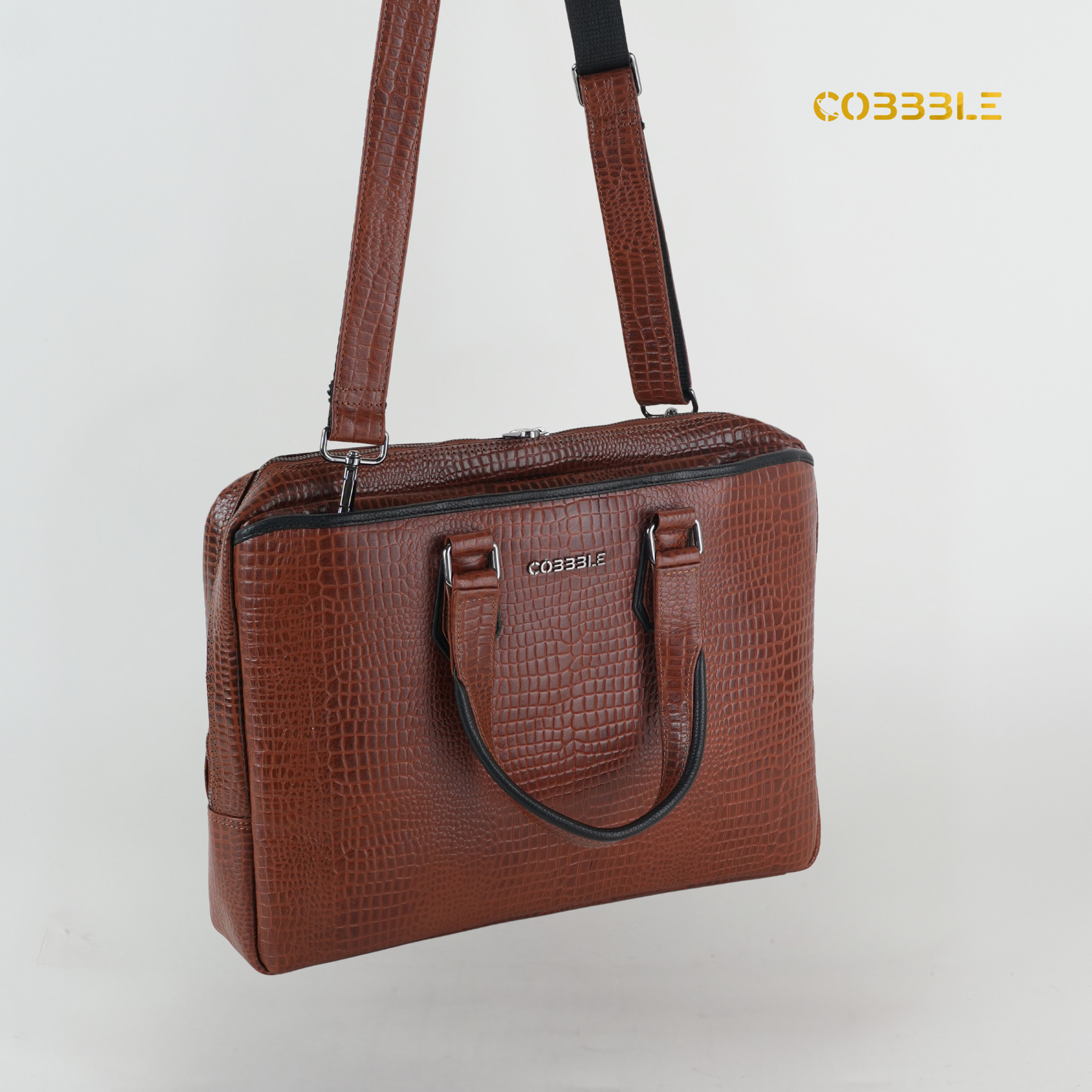 Cobbble Croco Executive Laptop Briefcase - Tan
