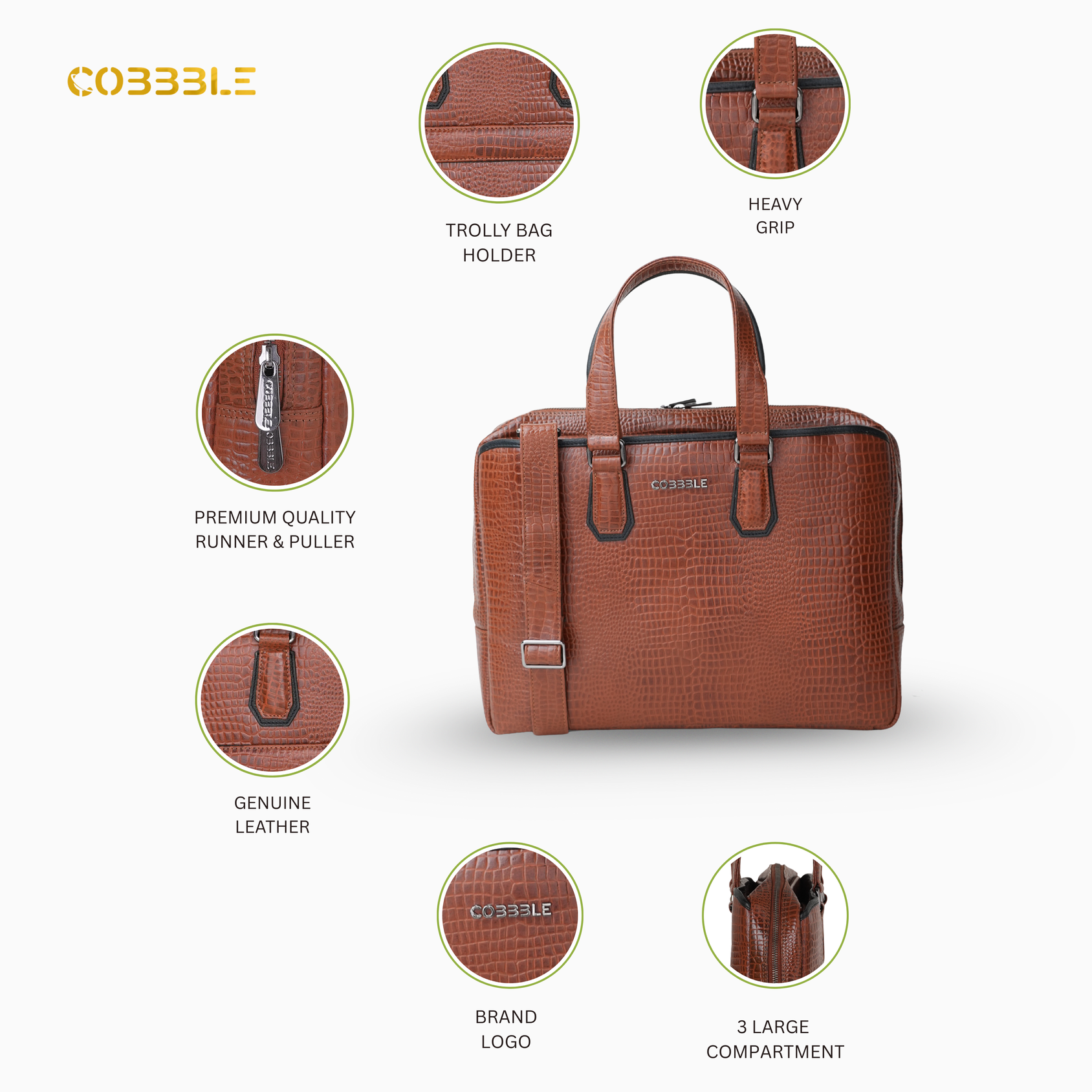 Cobbble Croco Executive Laptop Briefcase - Tan