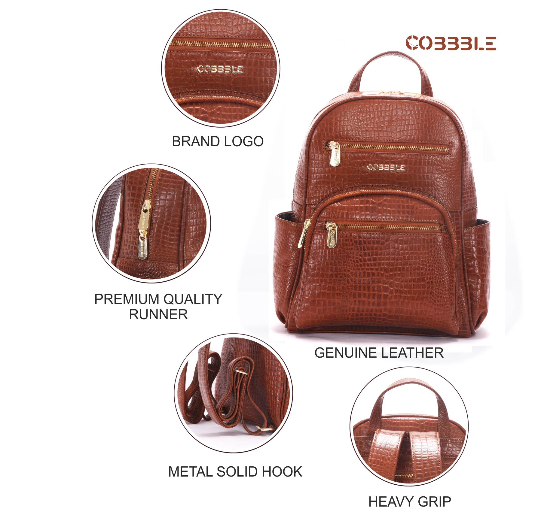 Cobbble Woman Croco Day Backpack - Tan, Multi-Pocket