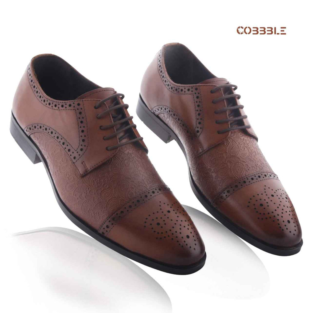 Luxury Shoes: Cobbble Men's Premium Engraved Brogue Leather Shoes - Tan